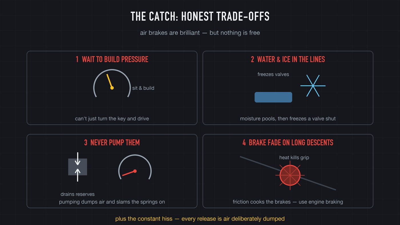 The honest trade-offs: pumped-away reserves, water freezing in the lines, and brake fade on long grades.