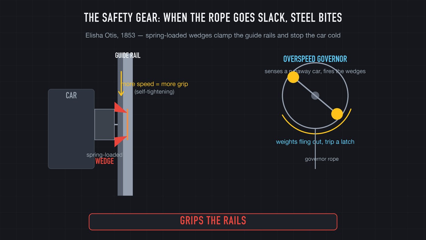 The safety gear: spring-loaded wedges that clamp the guide rails the instant rope tension is lost. More speed, more grip.